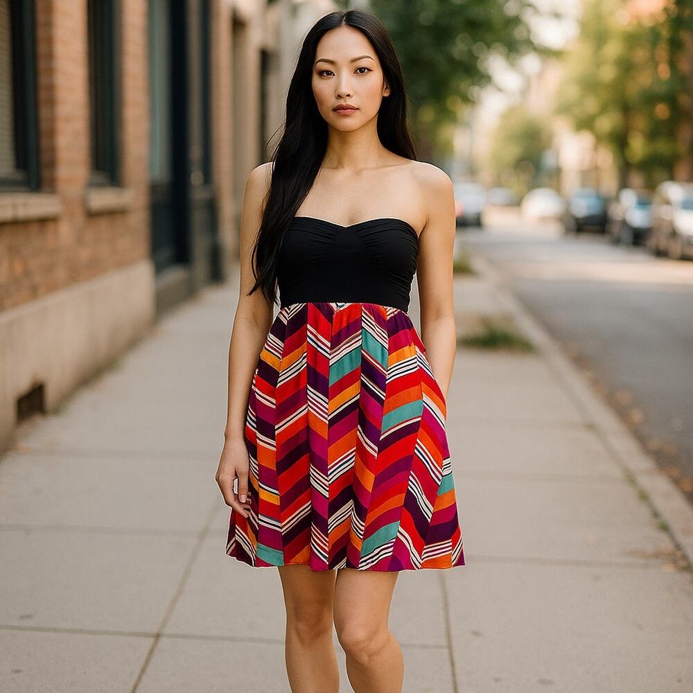 Roxy Womens Strapless Dress Multicolor Chevron Gray Bodice‎ M Teal Orange Black